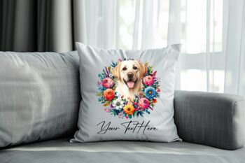 Personalised Labrador Retriever Summer Floral Dog Wreath Cushion And Mug Gift Bundle, 4 of 4