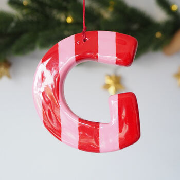 Personalised Pink And Red Striped Letter Ornament, 2 of 2