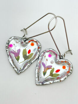 Silver Colour Heart Earrings With Pink Flowers, 2 of 11