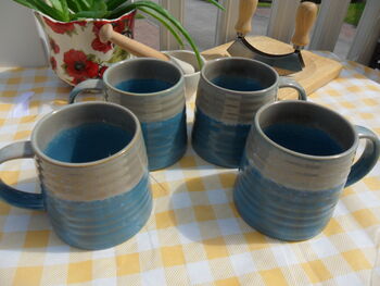 Set Of Four Reactive Glaze Brûlée Mugs In Light Blue And Grey Mist, 3 of 10