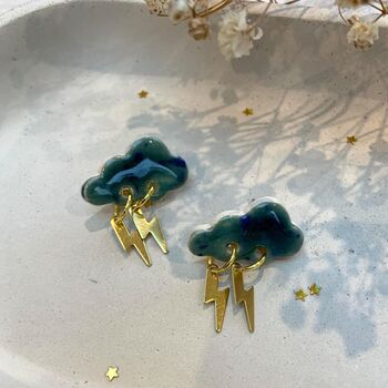 Ceramic Cloud Stud Statemant Earrings Lightning Bolt, 2 of 9