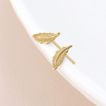 Gold Plated Sterling Silver Feather Stud Earrings – 10mm X 4mm, 2 of 4