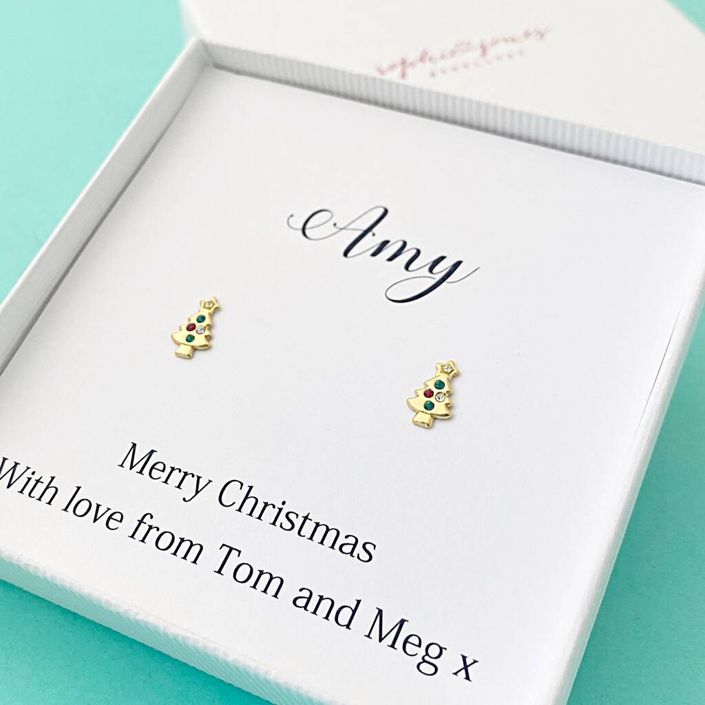 Personalised Sterling Silver Gold Plated Christmas Tree Stud Earrings With Jewels, 1 of 4