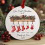 Personalised “First Christmas As A Family Of Five” Bauble – Custom Family Names And Stockings Ornament – Festive Keepsake, thumbnail 1 of 2