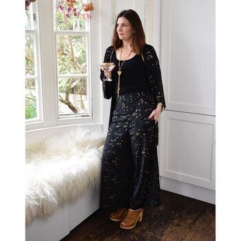 'Ziggy' Black And Gold Small Geo Print Viscose Palazzo Trousers, 3 of 5