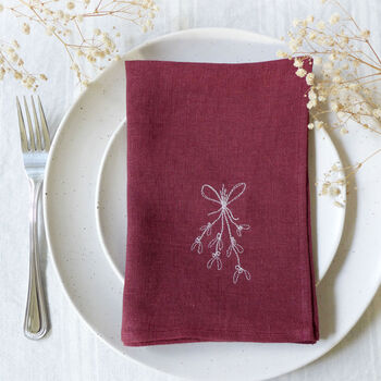 Embroidered Mistletoe Linen Napkins, 3 of 6