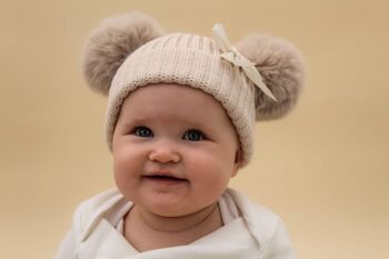 Cream Double Pom Pom Baby Hat With Ribbon Bow, 4 of 5