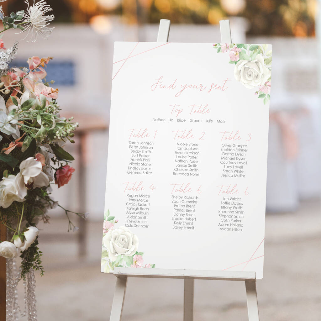 Rose Gold Floral Acrylic Wedding Table Seating Plan