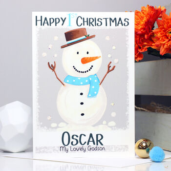 Personalised Snowman Baby 1st Christmas Card, 6 of 8