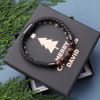 Christmas Personalised Tiger Eye Stone Leather Bracelet For Men, 9 of 9