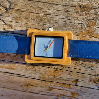 Coral Blue Face Bamboo Watch With Leather Strap, 5 of 7