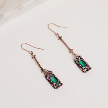 Antique Bronze And Emerald Green Stone Drop Earrings, 2 of 4