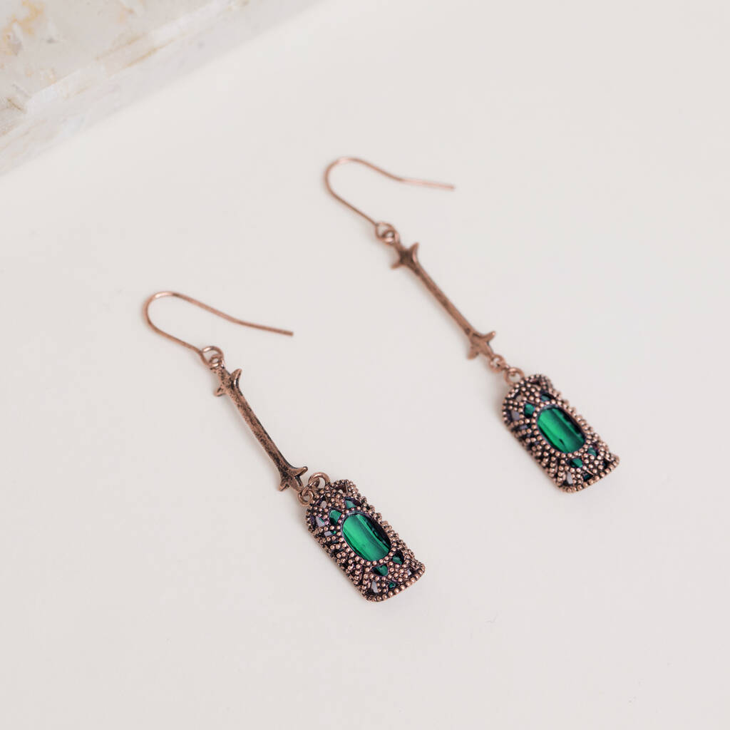 Antique Bronze And Emerald Green Stone Drop Earrings, 1 of 3