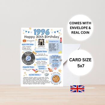 30th Birthday Card With 1996 Coin And Envelope Choose Your Colour, 2 of 3