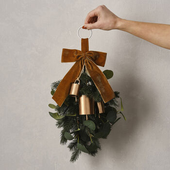 Hanging Green Artificial Foliage Swag With Bells And Velvet Ribbon, 2 of 3