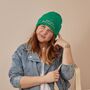 Personalised Beanie Hat With Customisable Slogan In Green, thumbnail 1 of 4
