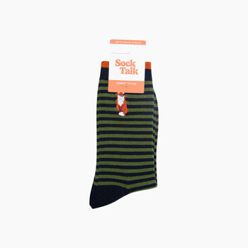 Embroidered Fox Striped Combed Cotton Socks In Black/Green, 4 of 4