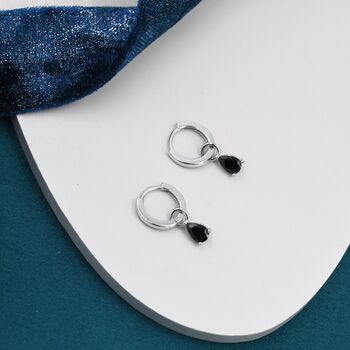 Sterling Silver Black Cz Droplet Hoop Earrings, 5 of 11
