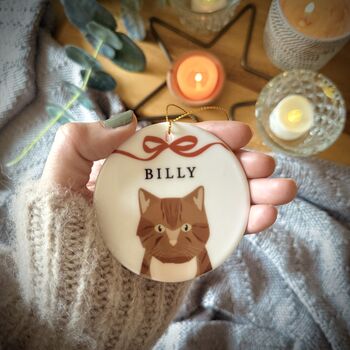 Personalised Christmas Cat And Bow Ceramic Tree Decoration, 3 of 7