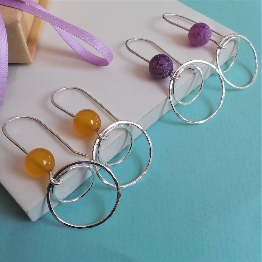 Gem Bead Circle Silver Drop Earrings By Shropshire Jewellery Designs