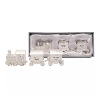 Silverplated First Tooth And Curl Set Train With Two Carriages Baby Gift, 2 of 10