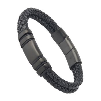 Men's Adjustable Black Leather Bracelet | Genuine Thick Double 6mm Woven Leather With Black Stainless Steel Snap Clasp, 5 of 7