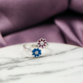 Sterling Silver Blue Pink Tiny Sunflower Daisy Ring, 2 of 2