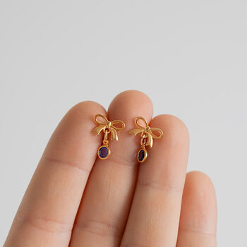 Bow Birthstone Earrings Gold Plated, 2 of 11