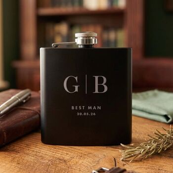 Personalised Matte Black 6oz Initials Hip Flask Wedding, Groomsmen And Birthday Gift, 2 of 12