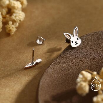 Mismatched Rabbit And Carrot Stud Earrings In Sterling Silver With Partial Rose Gold, 3 of 12