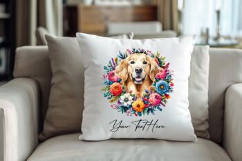 Personalised Golden Retriever Summer Floral Dog Wreath Cushion And Mug Gift Bundle, 4 of 4