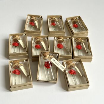 Personalised Mini Glass Bottle Favors With Handmade Red Or Cream Paper Roses – Sets Of 10, 25 Or 50, 4 of 6