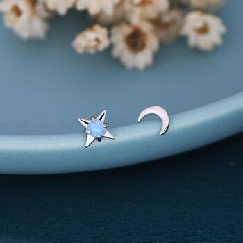 Mismatched Starburst And Moon Stud Earrings In Sterling Silver With Lab Opal, 3 of 12