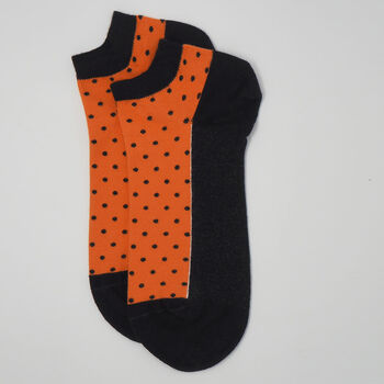 Multistripe Black And Polka Orange Men's Trainer Socks, 8 of 8