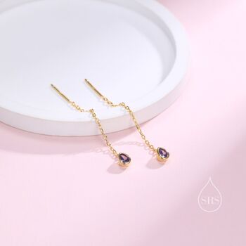 Tiny Amethyst Purple Droplet Bezel Cz Threader Earrings, 4 of 10