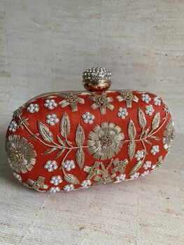 Orange Raw Silk Oval Pearl Clutch Bag, 6 of 10