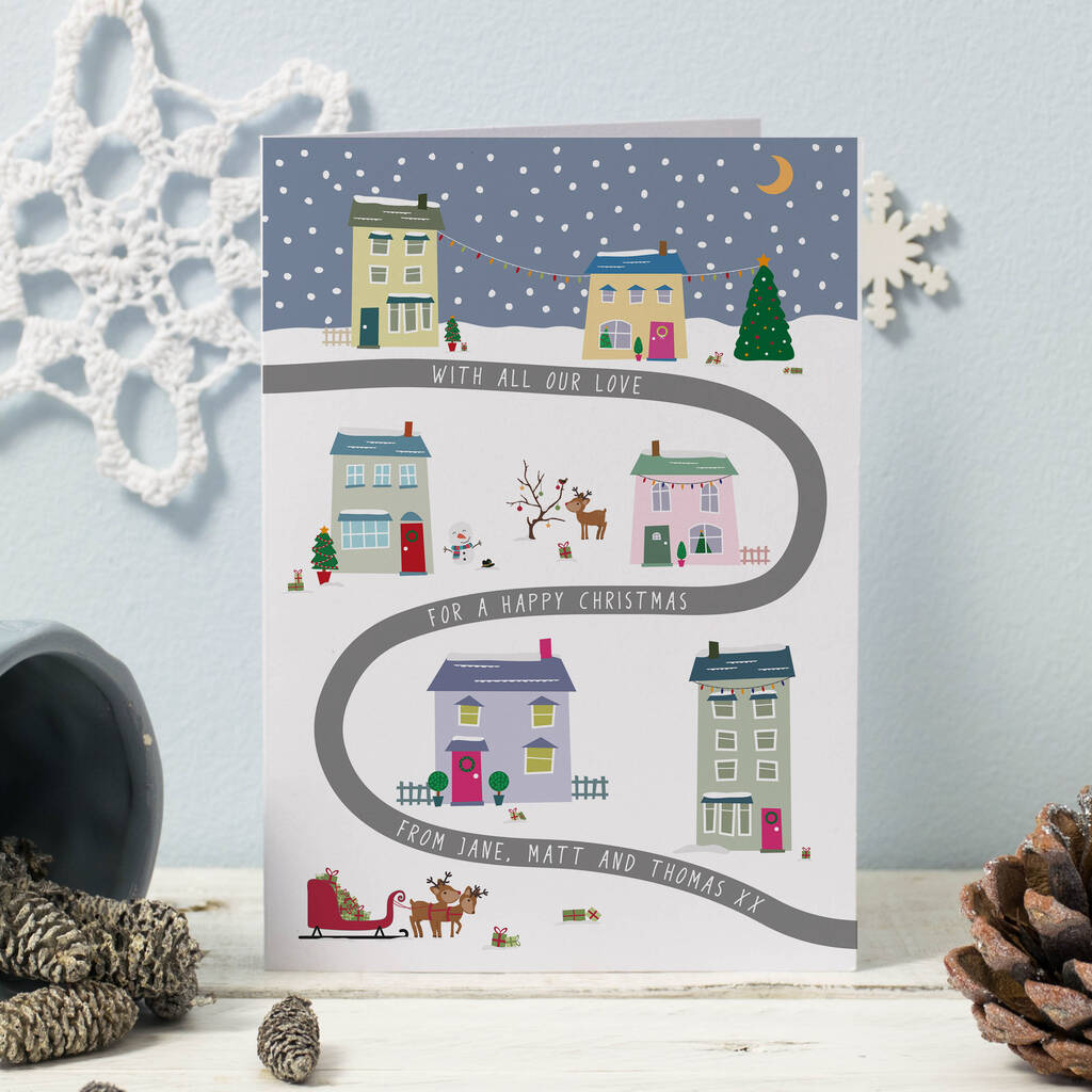 Christmas Eve Village Scene Personalised Christmas Card, 1 of 3