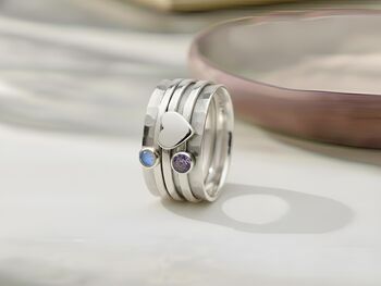 Sterling Silver Amethyst And Rainbow Moonstone Worry Ring – Wide Hammered Spinner Band, 3 of 4