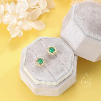 Vintage Inspired Green Onyx Flower Cz Stud Earrings, 4 of 11