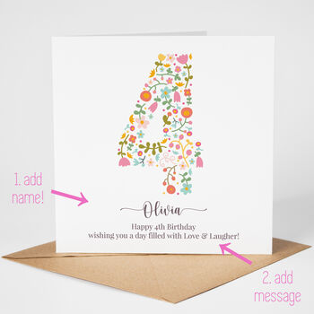 Floral Fun Personalised 4th Birthday Card, 2 of 5