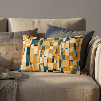 Cushion Cover In Geometric Mid Century Mustard And Teal Abstract Design, 10 of 12