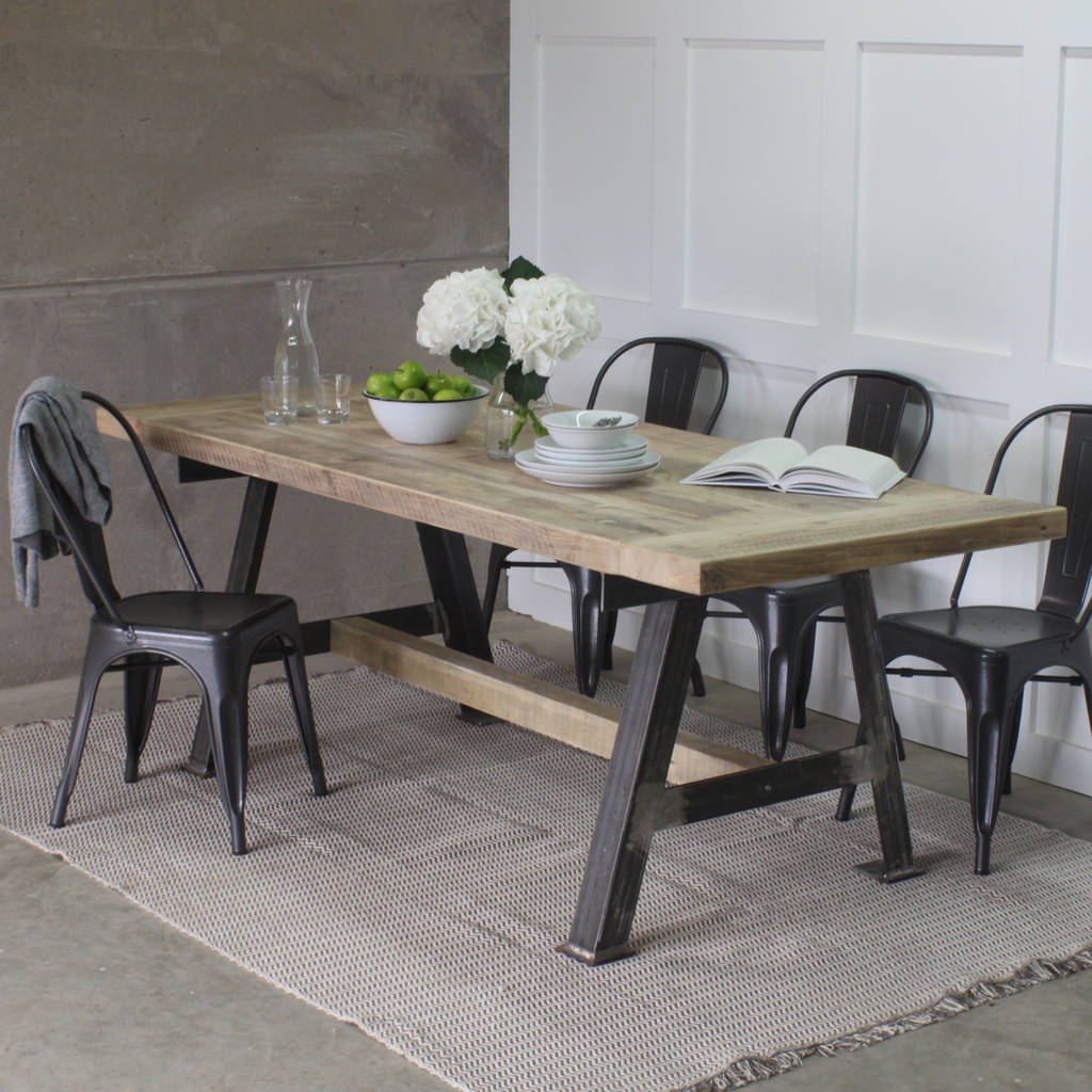 a game reclaimed wood dining table with steel a frame by rust collections  notonthehighstreet.com