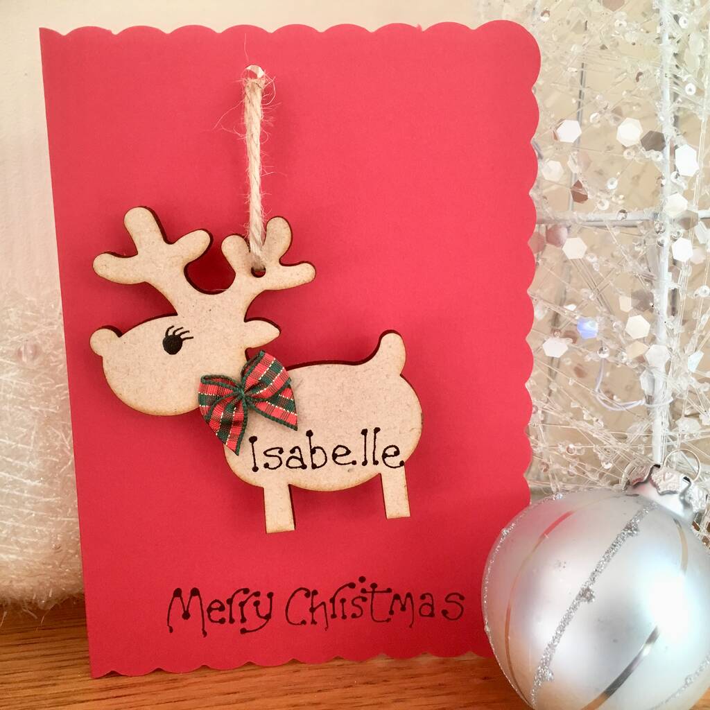 wooden reindeer decoration personalised christmas card by craft heaven