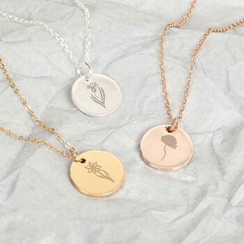 Etched Birth Flower Disc Personalised Necklace, 2 of 7