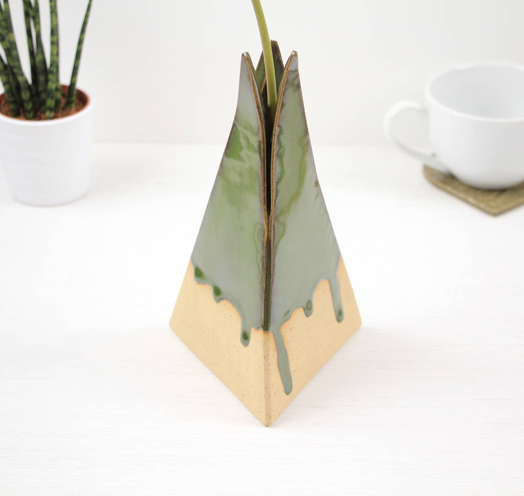 Handmade Ceramic Pyramid Vase With Drippy Green Glaze By Old