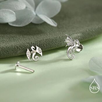 Mismatched Dragon Internally Threaded Flat Back Earrings In Sterling Silver, 3 of 11