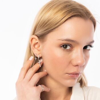 Full Pave Cross Sterling Silver Drop Hoop Earring, 5 of 10