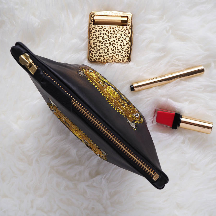 Embroidered Metallic Leather Tiger Make Up Bag By paperCutts designs