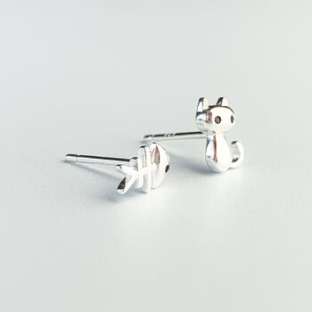 Sterling Silver Cat And Fish Stud Earrings, 3 of 5