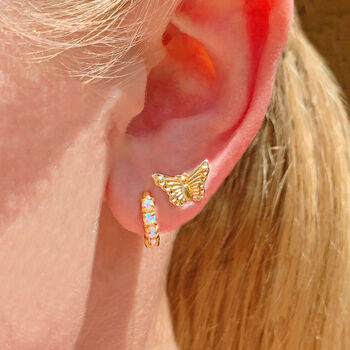 Opal Huggies / Gold Plated Mini Hoop Opal Earrings, 2 of 4
